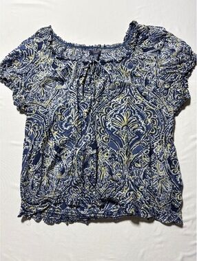 Chaps Denim XL Blue Cotton Paisley Puff Sleeve Blouse - Boho